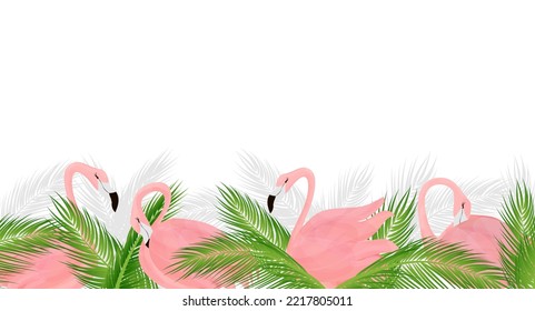 Bright tropical border with palm leaves and pink flamingos. Design for postcards, fabrics, banners.