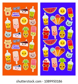 Bright tropical card design, fashion patches badges stickers. Applicable for Banners, Posters. Exotic pineapple, bubble tea cup, ice cream, cake, sunglasses Kawaii cute cat, hamster, sun. Vector