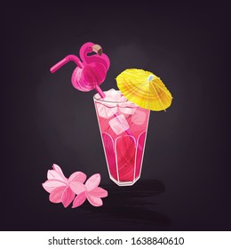 Bright tropical cocktail with cocktail straw and umbrella. Summer holidays vector illustration for posters, leaflets or banners on dark chalkboard background.