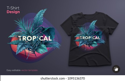 Bright tropical design for t-shirt or poster with jungle plants. Exotic vector illustration