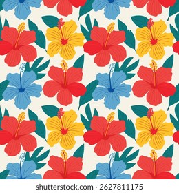 Bright tropical floral pattern with red, yellow, and blue hibiscus flowers and green leaves on cream