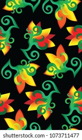 Bright Tropical Floral Seamless Pattern. Orange and red flowers isolated on black background. Summer textile or paper print. Vector illustration eps10.