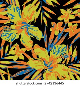 Bright tropical floral seamless pattern with bold colors for textile print for fabric, exotic flower pattern