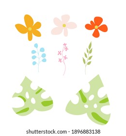 Bright tropical flowers and leaves. Vector illustration.