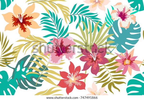 白い背景に明るい熱帯の花とヤシの葉 アロハモチーフを使ったシームレスな植物柄 織物 カード 招待状のトレンディデザイン のベクター画像素材 ロイヤリティフリー