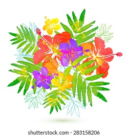 Bright tropical flowers vector summer bouquet