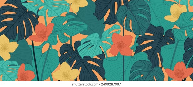 Fondo de follaje tropical brillante. Flores y plantas tropicales. Vector ilustración botánica