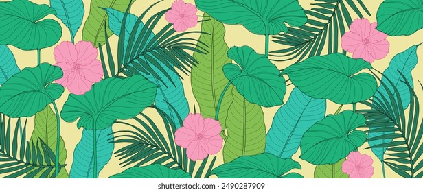 Bright tropical foliage background. Tropical plants and flowers. Vector botanical illustration