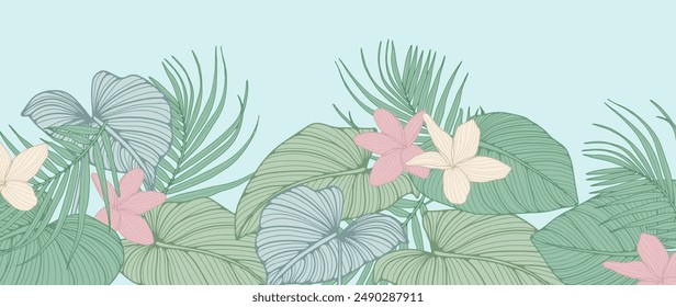 Bright tropical foliage background. Tropical plants and flowers. Vector botanical illustration