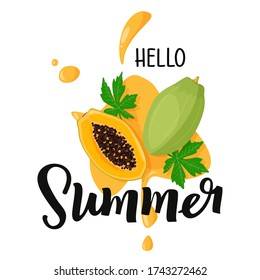 Bright tropical fruit papaya with seeds, green leaves and juicy splashes on a white background. Vector illustration with hand lettering word Summer.