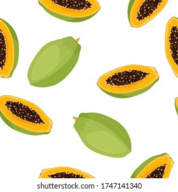 Bright tropical fruit papaya, whole and half of a sectional with seeds background. Summer seamless pattern.