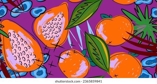 Bright tropical fruits. For design, print, wallpaper. fabrics, paper. Vector overlapping seamless pattern.
