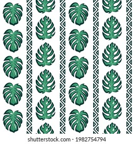 Bright tropical geometric tribal hand drawn seamless pattern with vertical lines of green monstera leaves and aboriginal ornament on white background. Good for wallpaper, fabric, packaging, scrapbook.