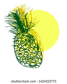 Bright Tropical hand drawn sketch with pineapple in doodle style and place for text. Perfect for design and print of banners, posters, pages, print on clothes, cards, t-shirts for children.