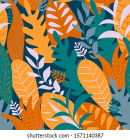 Bright tropical leaf seamless pattern.  Modern floral texture, vector. Colorful illustration foliage. Bright exotic background for wallpapers, textile, surface decoration and more