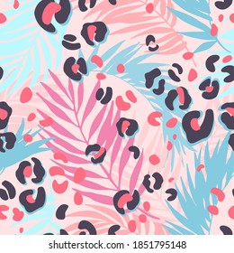 Bright tropical leaves and cartoon leopard camouflage spots background. Abstract seamless pattern palm leaves, animal skin print in 80s 90s style. Vector art for surface design, fabric, wallpaper