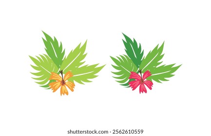 Bright tropical leaves with orange and red hibiscus flowers, perfect for summer, nature, or floral-themed designs and projects.