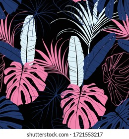 Bright tropical leaves pattern design. Cool floral wallpaper. Pink blue colors on black background.