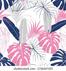 Bright tropical leaves pattern design. Cool floral wallpaper. Pink blue colors on white background.