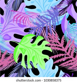 Bright tropical leaves, seamless pattern, flat style