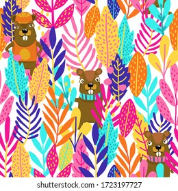 Bright tropical leaves. Seamless pattern with floral elements. textile collection. Template for textile design, cards, covers. Funny cartoon beaver. Vector illustration FOREST