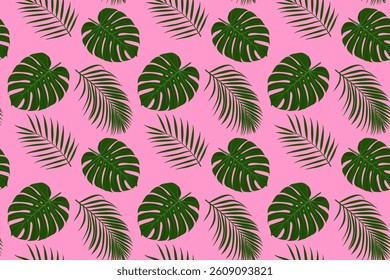 Bright Tropical Leaves Seamless Pattern Design Featuring Vibrant Greenery on a Pink Background to Add a Lively Touch to Any Space. Palm and Monstera leaves