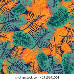 Bright tropical leaves seamless vector pattern. Botanical surface print design for fabrics, stationery, scrapbook paper, gift wap, textiles, backgrounds, and packaging.