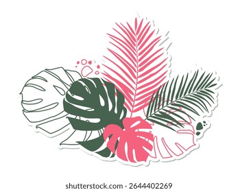 Bright Tropical leaves Sticker. Summer Beach party. Beautiful jungle. Hawaiian tropical, exotic palm leaves for party invitation, advertisement, textile, fabric, packaging, cards. Vector illustration