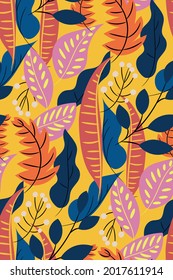 Bright tropical leaves in a trendy juicy color palette. Colorful exotic leaves, berries on a sunny yellow background. Vector illustration, Creative botanical print in a hand-drawn Scandinavian style.