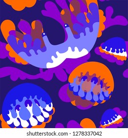 Bright tropical marine ornament consisting of drop-shaped, rounded lines. In the picture the sea inhabitants are stingrays and medesy.