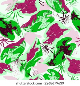 Bright tropical natural print, pink, green leaves,  plants. Abstract trendy background. Seamless  pattern Hand drawn, vector