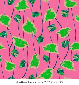 Bright tropical natural print, pink, green leaves,  plants. Abstract trendy background. Seamless  pattern Hand drawn, vector