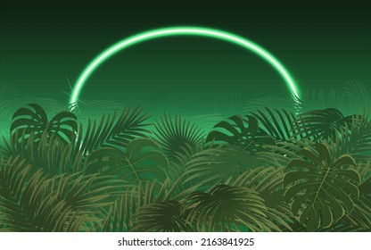 Helles tropisches Palmenblatt mit Neonrahmen. Dschungelpflanzenhintergrund, Vektorgrafik