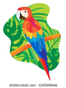 А bright tropical parrot Macaw from South America, which sits on a branch among tropical leaves