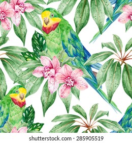 Bright tropical parrot and pink orchids. Seamless, hand painted, watercolor pattern. Vector background.