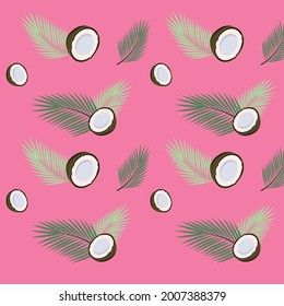 Bright tropical pattern of coconut and palm tree leaves. Half of coco with leaf on a pink background. Flat vector illustration