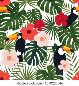 Bright tropical pattern, exotic seamless vector wallpaper, textile print
