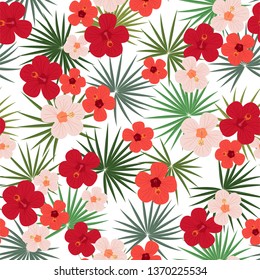 Bright tropical pattern, Hawaiian seamless print with palm leaves and hibiscus flowers Vintage textile print.