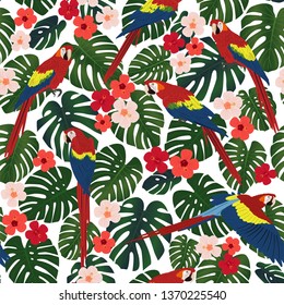 Bright tropical pattern, Hawaiian seamless print with monstera leaves, hibiscus flowers and red parrots. Vintage textile print.