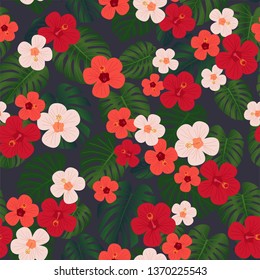 Bright tropical pattern, Hawaiian seamless print with monstera leaves and hibiscus flowers. Vintage textile print.