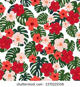 Bright tropical pattern, Hawaiian seamless print with monstera leaves and hibiscus flowers. Vintage textile print.