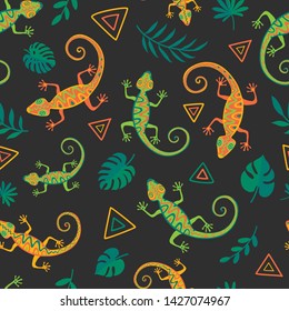 Bright tropical pattern with lizards and leaves on a black background.