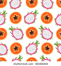 Bright tropical pattern with papaya and dragon fruit, half of a sectional with seeds on a white background. Vector illustration.