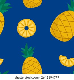 Bright tropical pineapple pattern with whole fruits and slices on white, ideal for summer-themed designs, prints, or fabric backgrounds.
