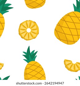 Bright tropical pineapple pattern with whole fruits and slices on white, ideal for summer-themed designs, prints, or fabric backgrounds.
