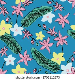 Bright tropical plants seamless vector pattern. Dcorative feminine surface print design with exotic orchids. For fabrics, greeting cards, gift wrapping paper, scrapbooking, and packaging.