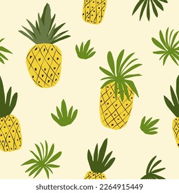 Bright tropical print, fruit, pineapple. Abstract trendy background. Seamless  pattern Hand drawn, vector