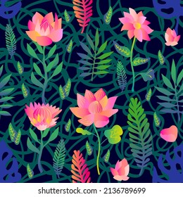 Bright tropical print with gradient effect. Lotus flowers on green background.