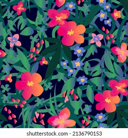Bright tropical print with gradient effect. Abstract flowers on green background.