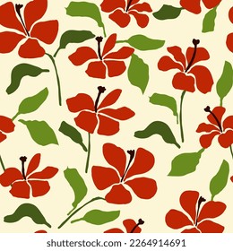 Bright tropical print, red flowers, hibiscus, Abstract trendy background. Seamless  pattern Hand drawn, vector